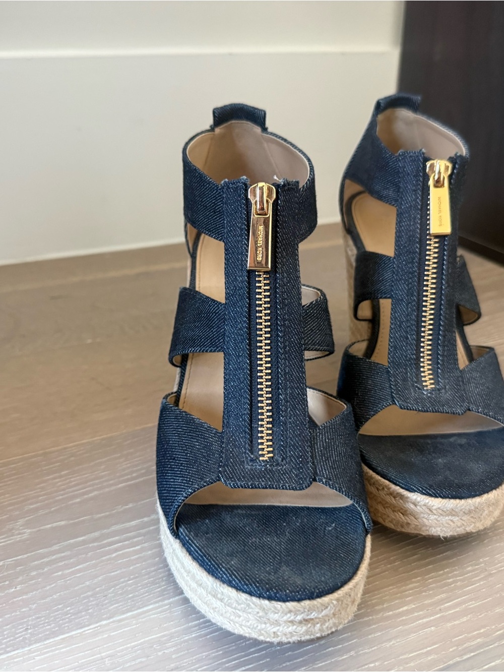 Michael Kors Dark Denim Wedge Espadrille Sandals with Gold Zip